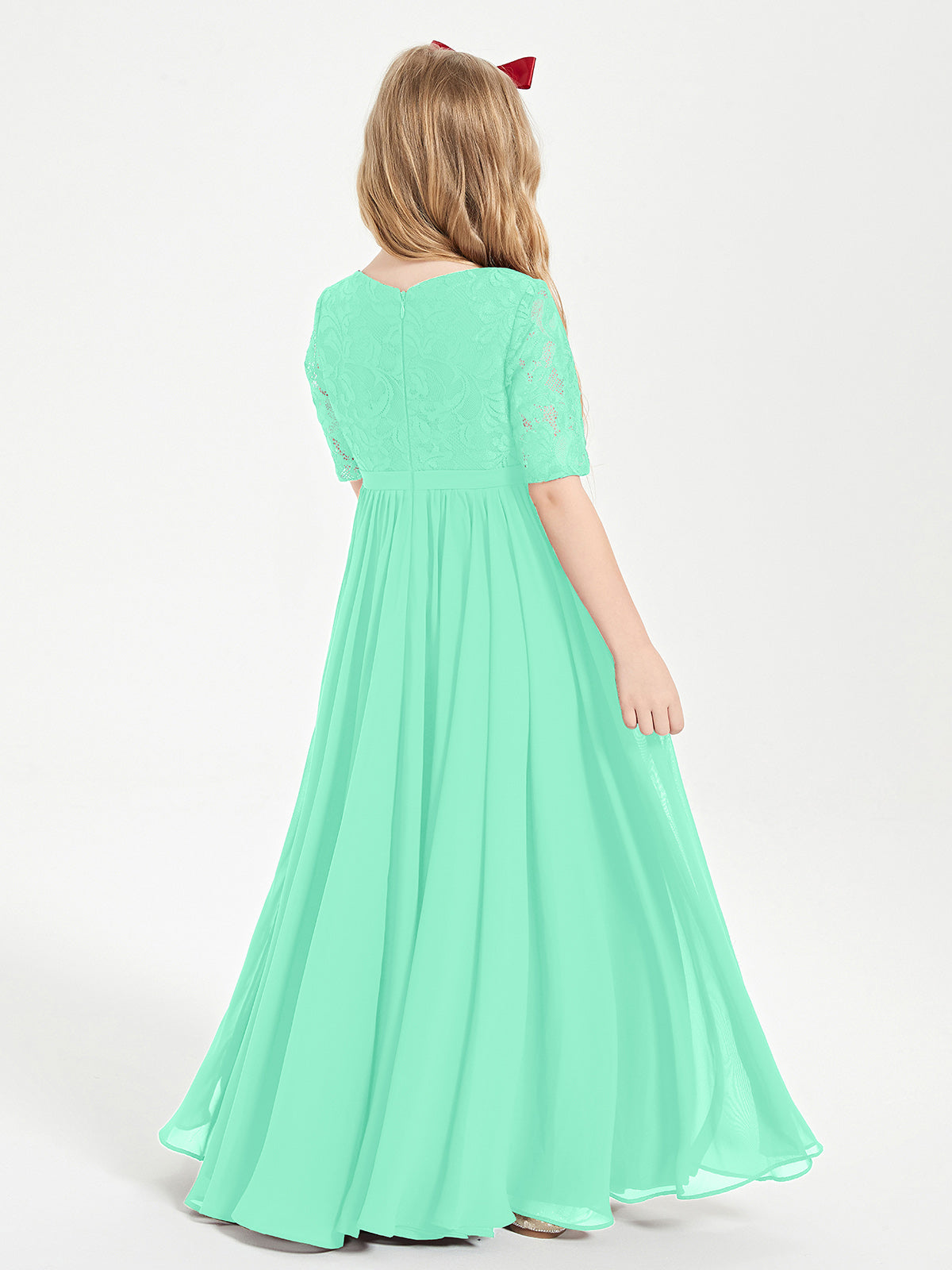 Lace Top Half Sleeved Junior Bridesmaids Dresses Turquoise